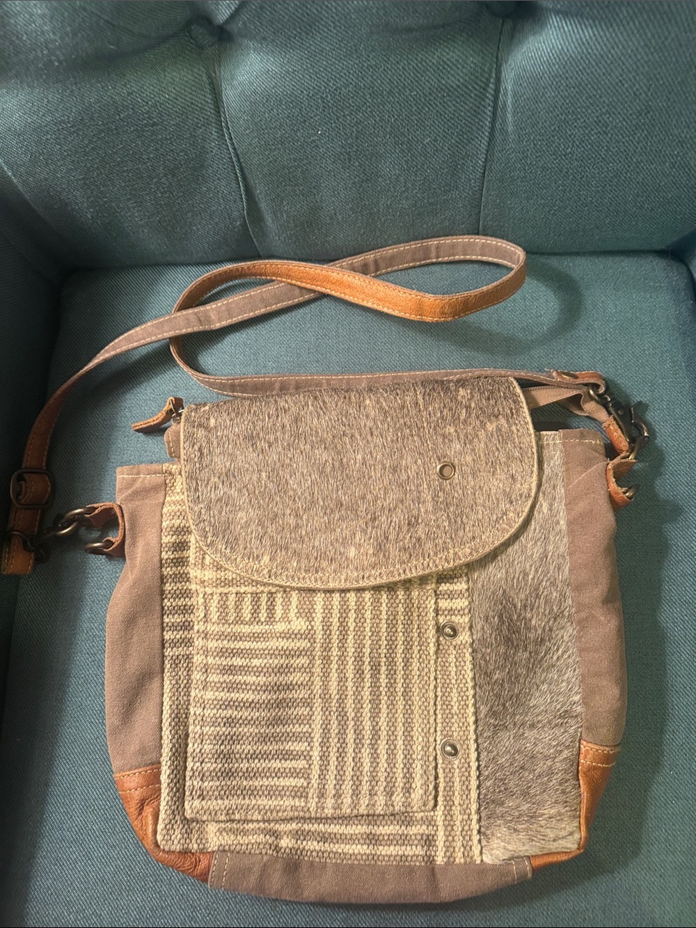 Myra Bag Brown Patchwork Crossbody with Leather Trim